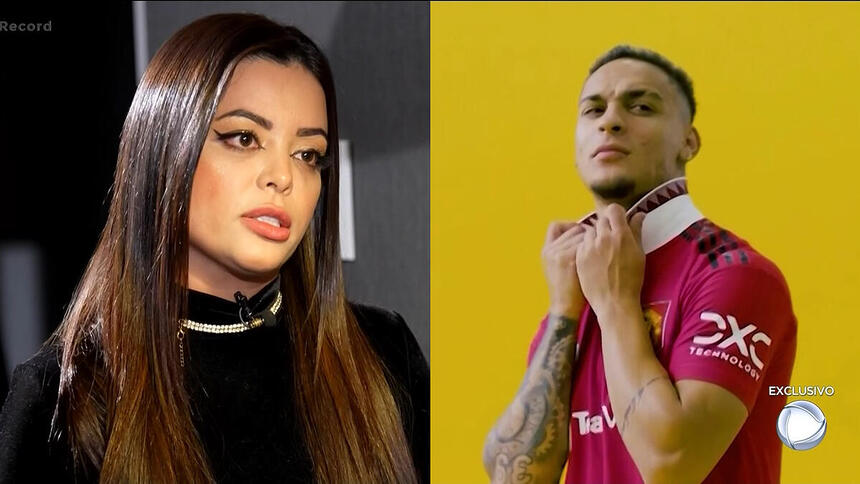 Montagem com duas imagens. Na primeira, Ingrid Lana encara Roberto Cabrini em entrevista a Record. Na segunda imagem, Antony posa para foto oficial do Manchester United