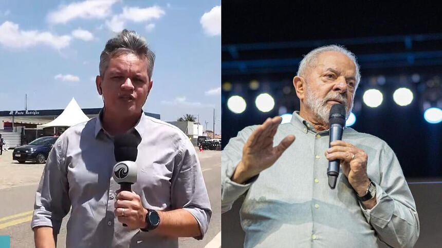 Repórter Tiago Medeiros ao vivo mostrando a chegada do presidente Lula no Rio Grande do Norte