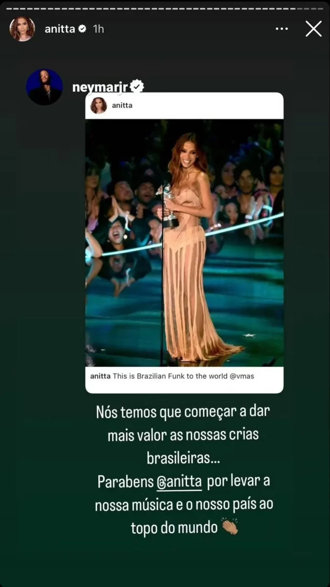 Print dos stories de Neymar no Instagram em uma mensagem para Anitta