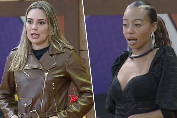 Rachel de roupa marrom de frente para Lily que está com uma roupa preta.