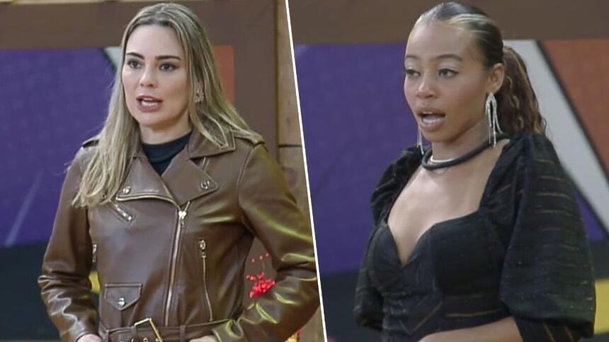 Rachel de roupa marrom de frente para Lily que está com uma roupa preta.