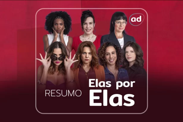 Lara, Taís, Helena, Adriana, Renée, Natália e Carol na arte de divulgação do resumo de Elas por Elas. Apenas Lara, Taís e Helena não estão sorrindo