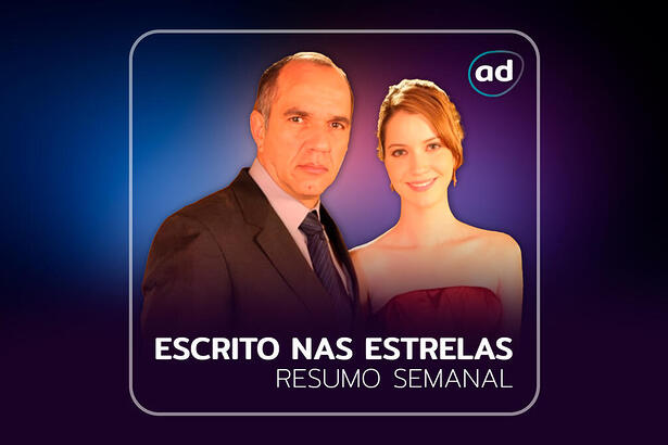 Humberto Martins e Nathalia Dill na arte de divulgação do resumo Escrito Nas Estrelas