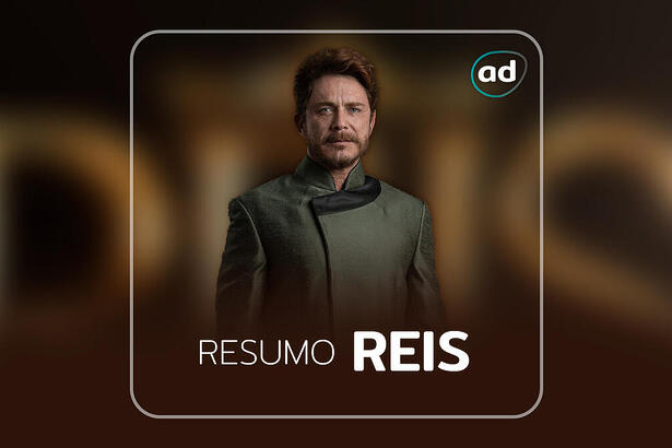 Arte de divulgação do resumo semanal da série Reis com os protagonistas da história Davi