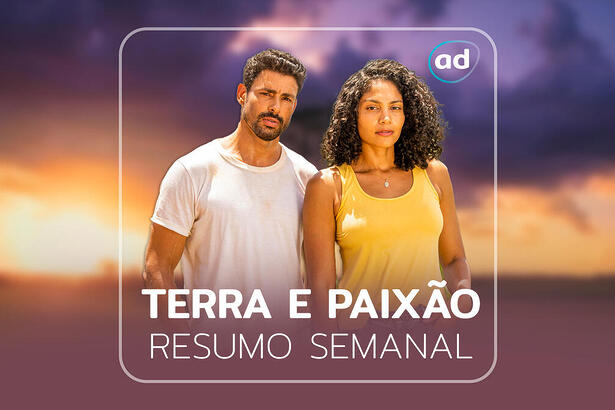 Cauã Reymond e Barbara Reis na arte de divulgação do resumo semanal da novela Terra e Paixão, da TV Globo