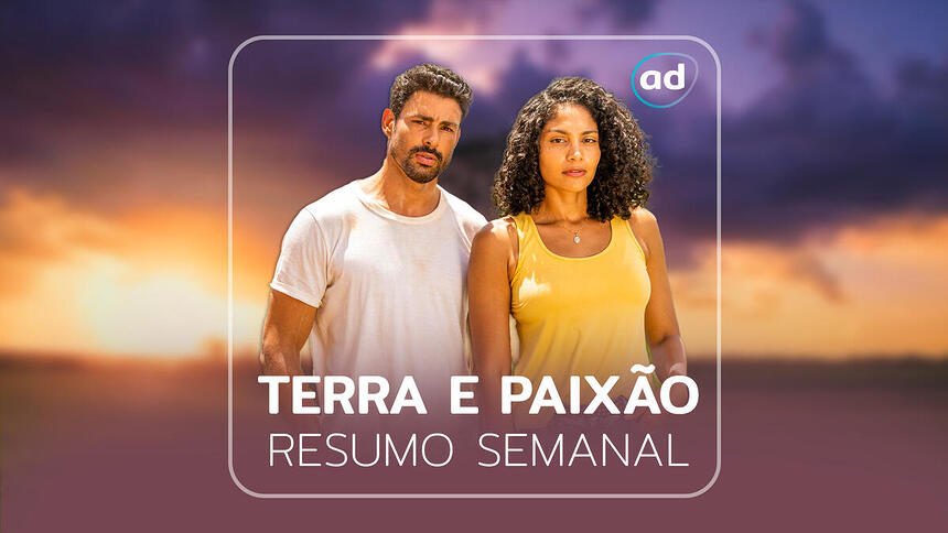 Cauã Reymond e Barbara Reis na arte de divulgação do resumo semanal da novela Terra e Paixão, da TV Globo