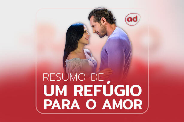 Luciana (Zuria Vega) e Rodrigo (Gabriel Soto) na arte de divulgação do resumo da semana da novela Refúgio Para um Amor