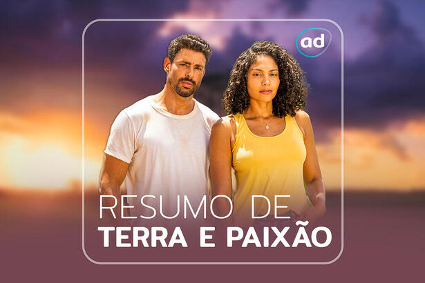 Cauã Reymond e Barbara Reis na arte de divulgação do resumo semanal da novela Terra e Paixão, da TV Globo