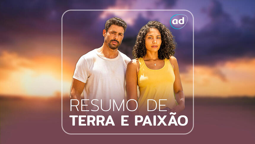 Cauã Reymond e Barbara Reis na arte de divulgação do resumo semanal da novela Terra e Paixão, da TV Globo