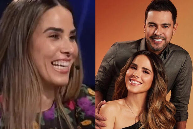 Imagem 1: Wanessa Camargo sorrindo, de camisa florida durante entrevista; Imagem 2: Wanessa sorrindo, de top preto, sentada ao lado de Zezé di Camargo, de camisa cinza, sorrindo, durante ensaio fotográfico