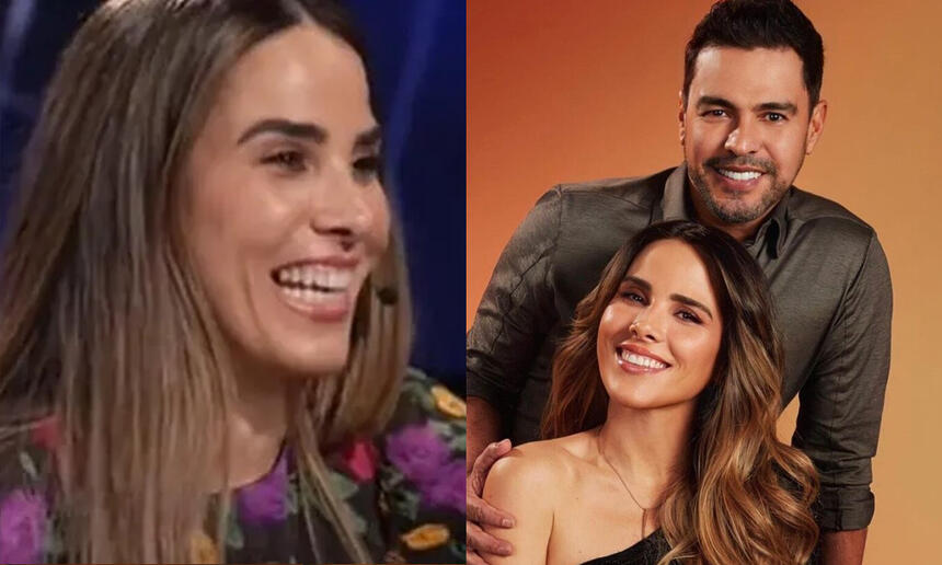 Imagem 1: Wanessa Camargo sorrindo, de camisa florida durante entrevista; Imagem 2: Wanessa sorrindo, de top preto, sentada ao lado de Zezé di Camargo, de camisa cinza, sorrindo, durante ensaio fotográfico