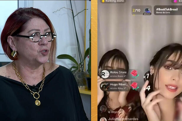 Psicóloga Anhay, do Casos de Família, de blusa preta, criticando as lives NPC em reportagem do Fala Brasil