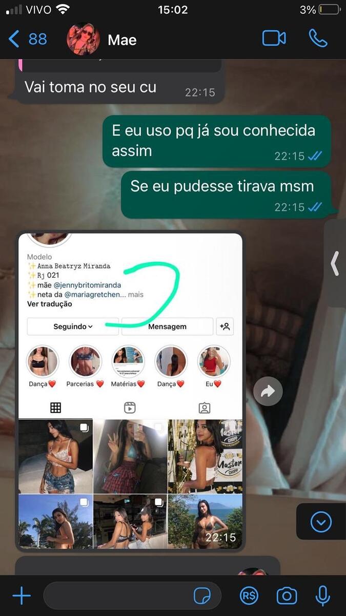 Print de conversas de Bia Miranda com a mãe Jenny Miranda no WhatsApp