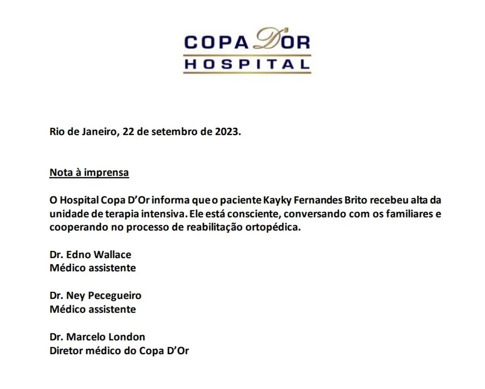 Comunicado do Hospital sobre a alta de Kayky Brito