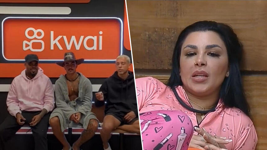 Montagem com duas fotos: na primeira os Cria Tonzão, Yuri e WL na Live do Fazendeiro, na segunda, Jenny Miranda se preparando para dormir em A Fazenda 15