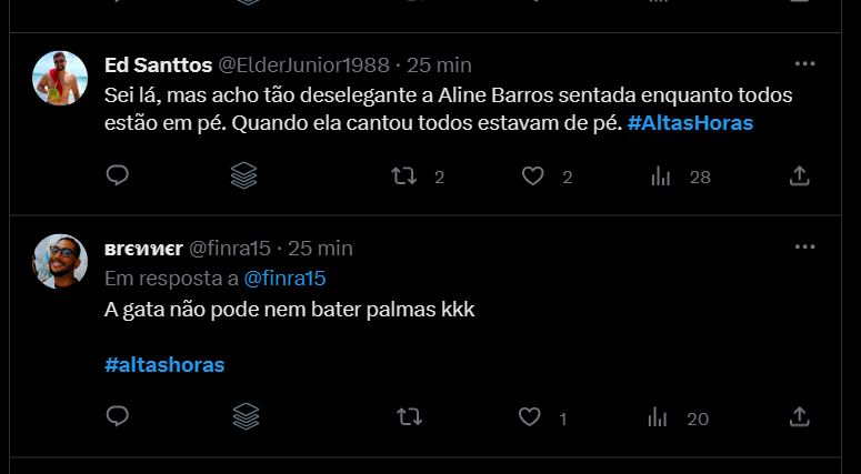 Dois comentários contra Aline Barros no Twitter