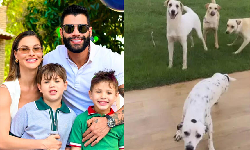 Andressa Suita e Gustavo Lima sorrindo abraçados com os filhos durante festa de aniversário; cachorros adotados por Gusttavo Lima e Andressa Suita