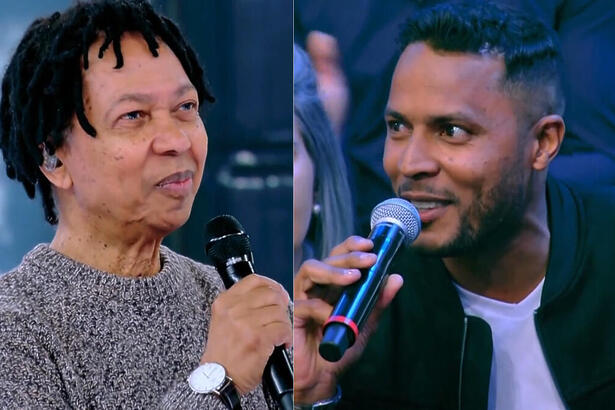 Djavan ao lado de um fã, de mesmo nome, no palco do Caldeirão