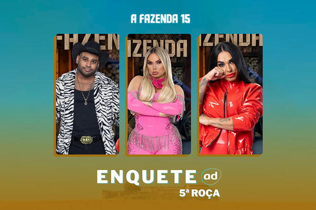 Cezar Black, Kally Fonseca e Kamila Simioni na arte de divulgação da enquete da 5ª Roça de A Fazenda 15