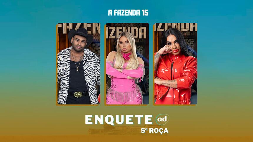 Cezar Black, Kally Fonseca e Kamila Simioni na arte de divulgação da enquete da 5ª Roça de A Fazenda 15