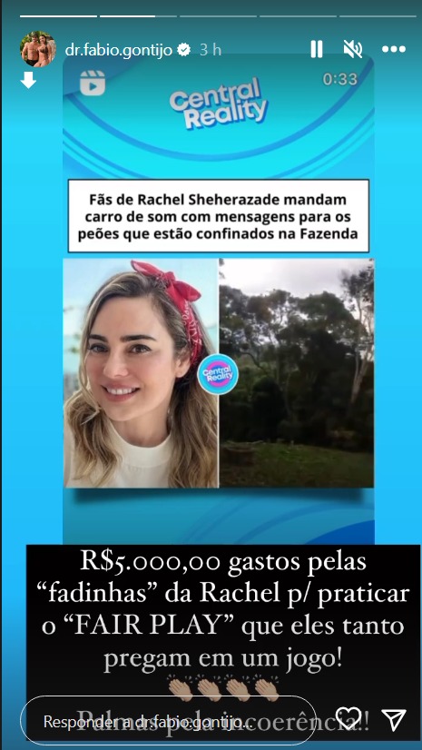 Print dos stories de Fábio Gontijo sobre Rachel Sheherazade e Bia Miranda 