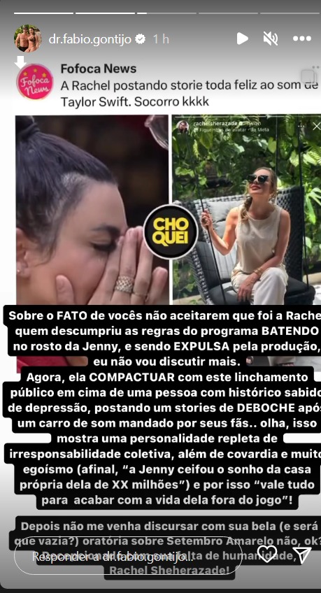 Print dos stories de Fábio Gontijo sobre Rachel Sheherazade e Bia Miranda 