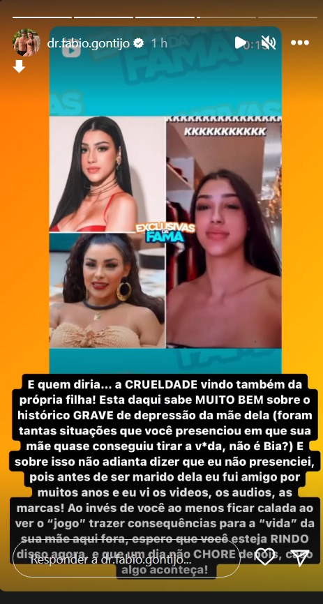 Print dos stories de Fábio Gontijo sobre Rachel Sheherazade e Bia Miranda 