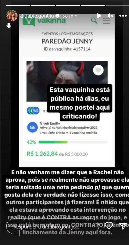 Print dos stories de Fábio Gontijo sobre Rachel Sheherazade e Bia Miranda 