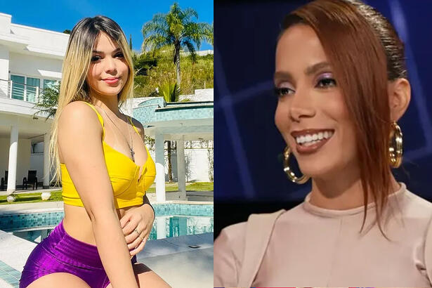 MC Melody loira, de cabelo liso, usando short curto roxo e top amarelo na piscina da sua casa