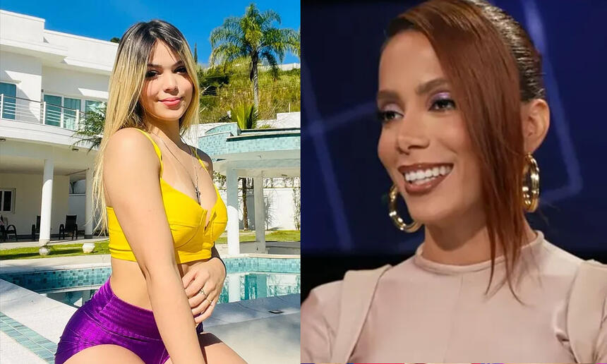 MC Melody loira, de cabelo liso, usando short curto roxo e top amarelo na piscina da sua casa