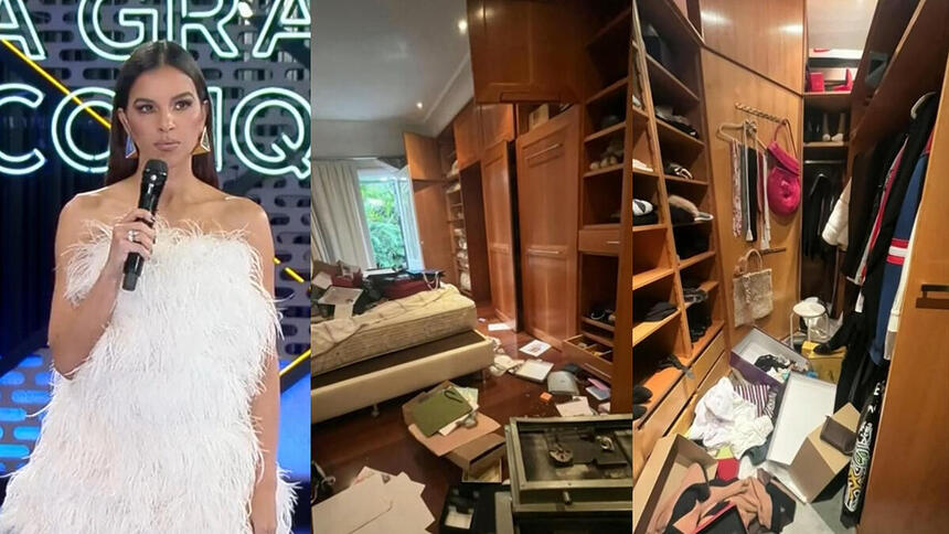 Três imagens da casa de Mariana Rios completamente revirada após invasão de bandidos