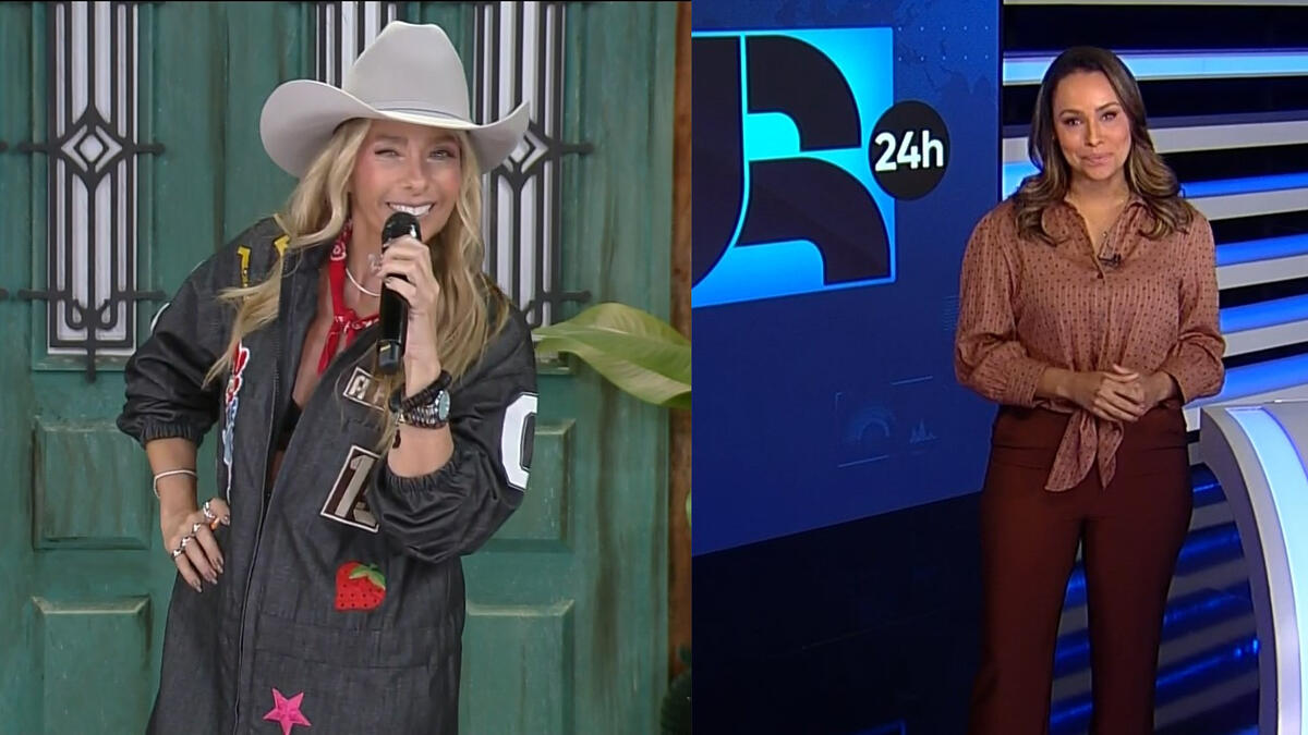 Adriane Galisteu apresentando A Fazenda 15 divide tela com Salcy Lima no JR 24h