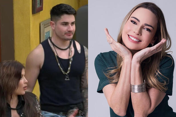 Montagem com Jaquelline e Lucas Souza na festa de A Fazenda 15 e Rachel Sheherazade com mãos no queixo