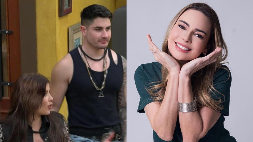 Montagem com Jaquelline e Lucas Souza na festa de A Fazenda 15 e Rachel Sheherazade com mãos no queixo