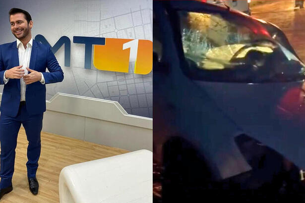Jornalista Anderson Hentges no cenário do MT1 dividindo tela com o carro batido
