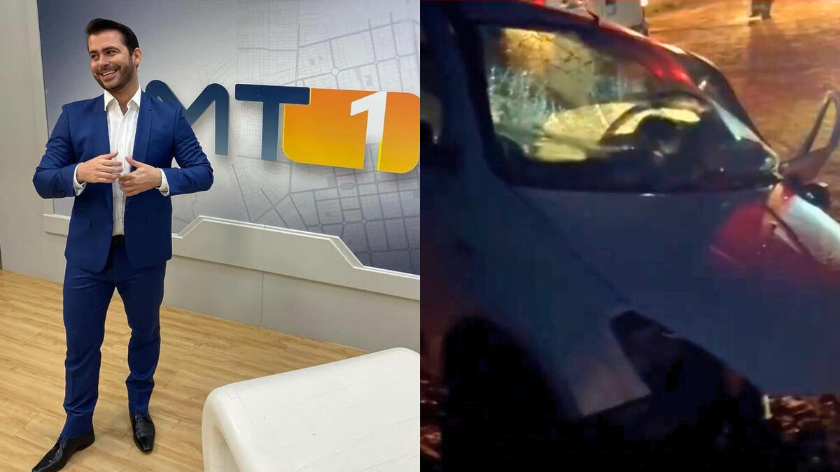 Jornalista Anderson Hentges no cenário do MT1 dividindo tela com o carro batido