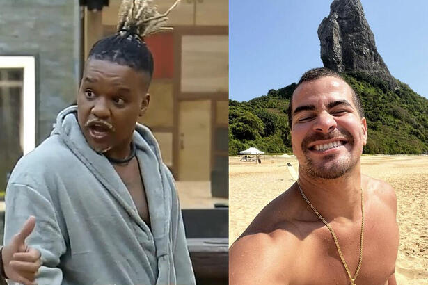 Montagem de duas imagens. Na primeira Darlan Cunha, o Laranjinha aparece de roupão com a boca aberta. Na segunda o ator Thiago Martins tomando sol na praia.