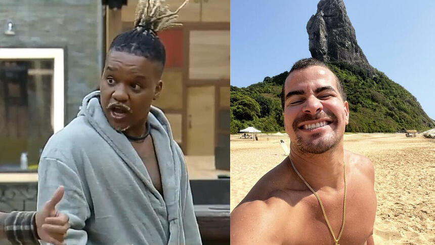 Montagem de duas imagens. Na primeira Darlan Cunha, o Laranjinha aparece de roupão com a boca aberta. Na segunda o ator Thiago Martins tomando sol na praia.