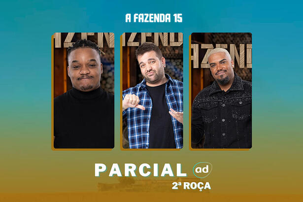 Larnajinha, Tonzão e Sander na arte da enquete de parcial da 2ª roça em A Fazenda 15