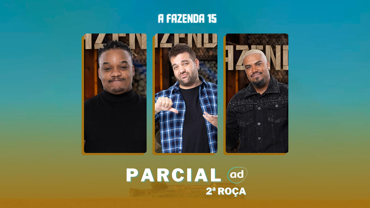 Larnajinha, Tonzão e Sander na arte da enquete de parcial da 2ª roça em A Fazenda 15