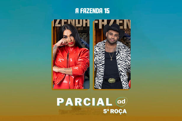 Simioni e Black na arte da enquete de parcial da 5ª roça em A Fazenda 15
