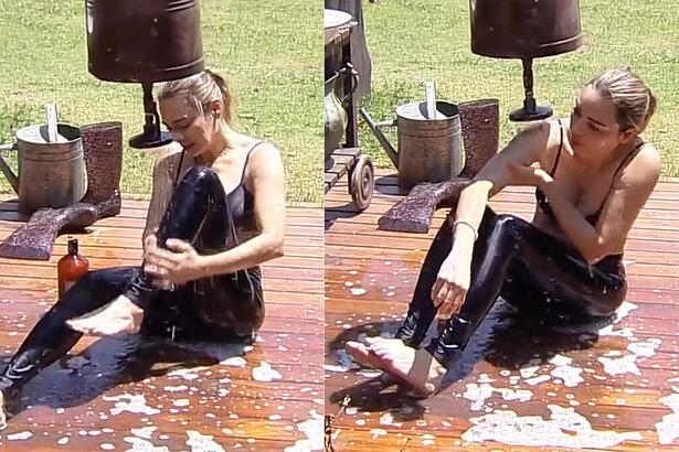 Rachel Sheherazade tomando banho com um regador em A Fazenda 15