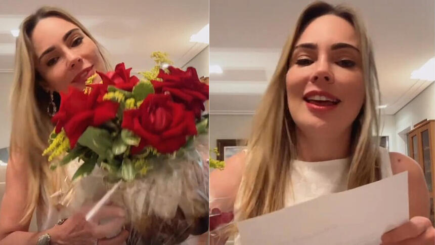 Rachel lendo carta da Cariúcha com um buque de flores