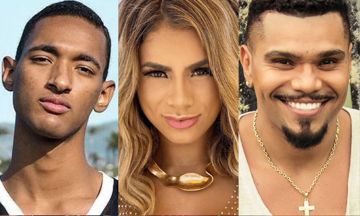 Raphael Vicente de braços cruzados e semblante sérrio; Lexa com colar dourado, com sembalnte sexy e lace loira; Naldo Benny de camisa regata, sorrindo, durante gravaçao de clipe
