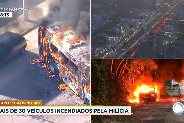 Cidade Alerta divide tela com ônibus pegando fogo. Visão do alto, em solo e próximo ao veículo em chamas