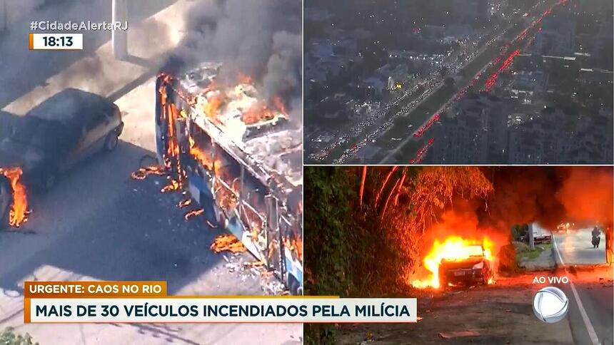 Cidade Alerta divide tela com ônibus pegando fogo. Visão do alto, em solo e próximo ao veículo em chamas