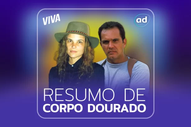 Arte de divulgação do resumo semanal da novela Corpo Dourado, exibida no canal Viva