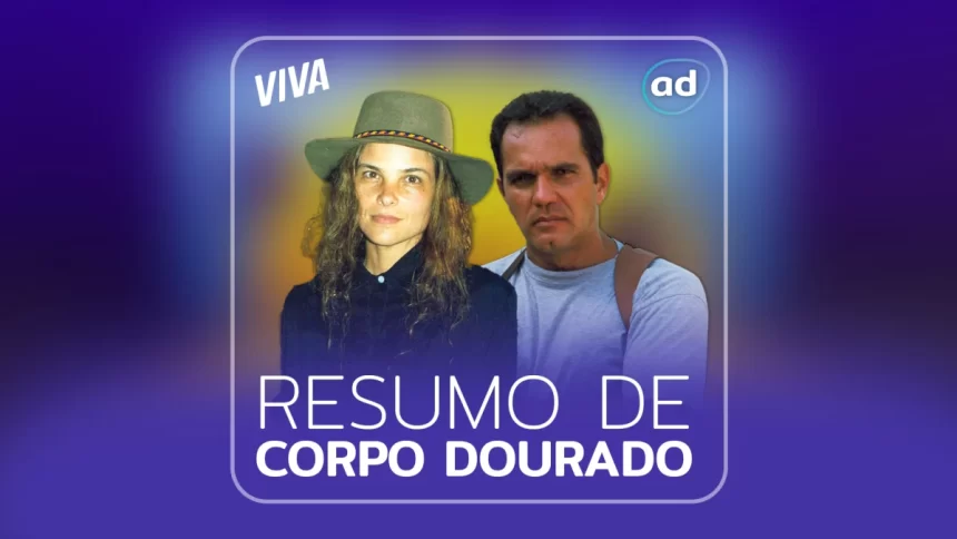 Arte de divulgação do resumo semanal da novela Corpo Dourado, exibida no canal Viva