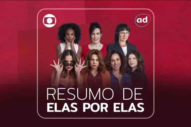 Lara, Taís, Helena, Adriana, Renée, Natália e Carol na arte de divulgação do resumo de Elas por Elas. Apenas Lara, Taís e Helena não estão sorrindo