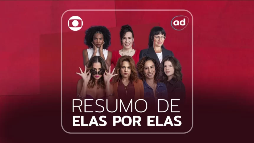 Lara, Taís, Helena, Adriana, Renée, Natália e Carol na arte de divulgação do resumo de Elas por Elas. Apenas Lara, Taís e Helena não estão sorrindo